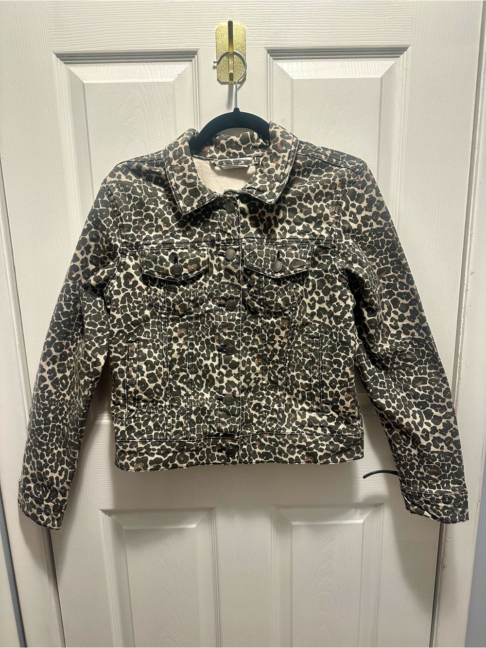 Serra Brown & Cream Leopard-Print Denim Button-Up Jacket Size Small Animal Print